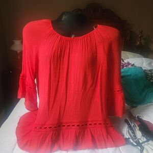 New Directions Red Blouse with Ruffled Hem and Pleated Neckline